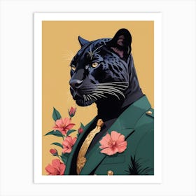 Floral Black Panther Portrait In A Suit (1) Art Print