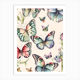 Butterflies Repeat Pattern Watercolour Ink 2 Art Print