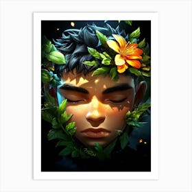 Boy With Flowers On His Head Art Print