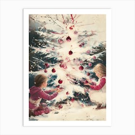 Two Girls Decorating A Christmas Tree Art Print