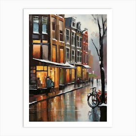 Amsterdam cafes, winter season, winter oil colors, pedestrians in the street, winter clothes, rain falling, Amsterdam print, Netherlands print, travel gift, Netherlands poster.5 13 Póster