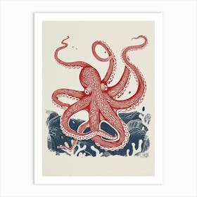 Red & Blue Simple Linocut Style Octopus 4 Art Print