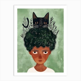 Girl With A Cat On Her Head Art Print