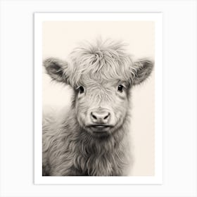 Black & White Illustration Of Baby Highland Cow 1 Art Print