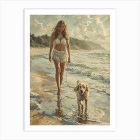 Woman And Her Dog On The Beach Art Print