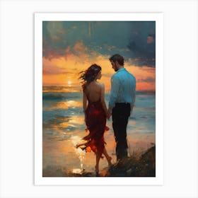 Couple Walking On The Beach Art Print