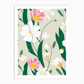 Bouquet Of Spring Flowers Including Tulips White Roses And Daisies Set Against A Botanical Garden (1) Art Print