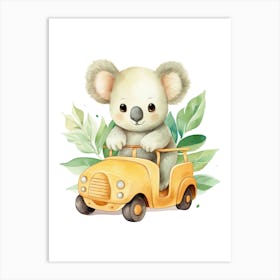 Baby Koala On A Toy Car, Watercolour Nursery 0 Art Print
