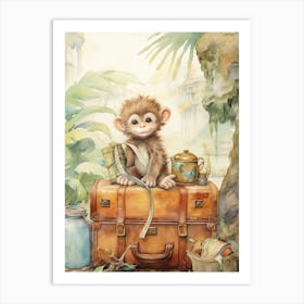 Monkey Painting Traveling Watercolour 1 Art Print