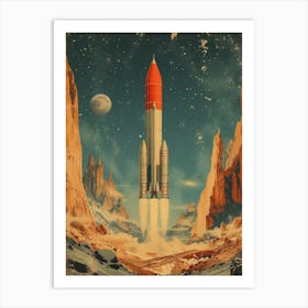Space Odyssey: Retro Poster featuring Asteroids, Rockets, and Astronauts: Space Rocket Launch 1 Art Print