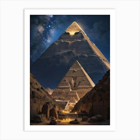 Immerse yourself in the rich culture and history of Ancient Egypt as you witness the grandeur and beauty of the pyramids and a splendid starry night sky with the cosmic universe. Art Print