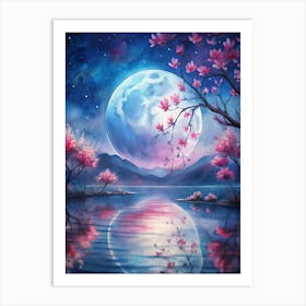 A Glowing Full Moon Illuminating Crimson Blossoms (1) Art Print