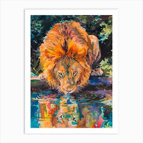 Masai Lion Drinking From A Watering Hole Fauvist Painting 4 Art Print