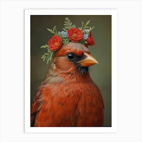 Cardinal With Flower Crown European Robin 5 Art Print