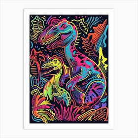 Two Neon Dinosaur Line Illustration Art Print