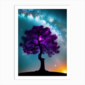 Purple Tree In The Night Sky Art Print