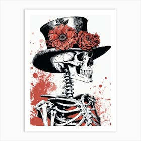 Floral Skeleton With Hat Ink Painting (73) Art Print