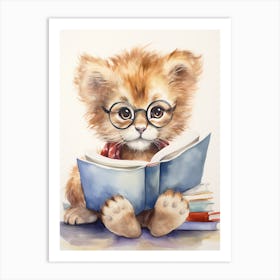 Reading Books Watercolour Lion Art Painting 4 Art Print