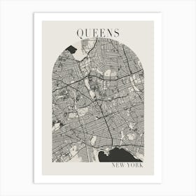 Queens New York Boho Minimal Arch Full Beige Color Street Map 1 Art Print