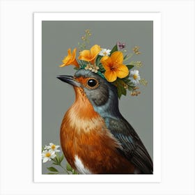 Robin With FlowerCrown Art Print