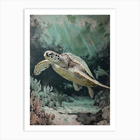 Textured Painting Of A Sea Turtle Exploring The Bottom Of The Ocean Art Print