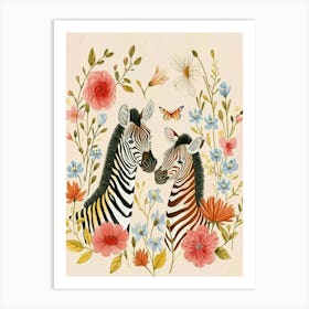 Folksy Floral Animal Drawing Zebra Art Print