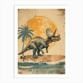 Vintage Triceratops Dinosaur On A Surf Board 1 Art Print