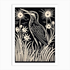 B&W Bird Linocut Green Heron 1 Art Print