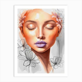 Watercolor Of A Woman With Flowers Art Print