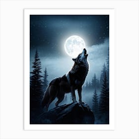 Howling Wolf Center Frame Midnight Wilderness Backdrop Full Moon Casting Silver Illumination Thro (2) Art Print