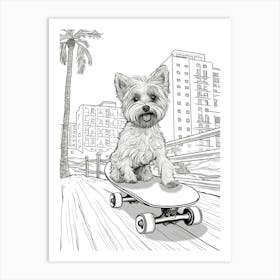 Yorkshire Terrier Dog Skateboarding Line Art 1 Art Print