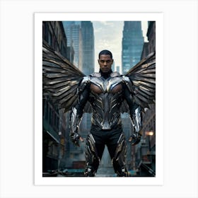 Futuristic Superhero With Steel Wings Displaying A Detailed Realistic Human Face Amidst A Dystopia Art Print