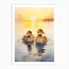 Ducks Swimming In The Lake At Sunset Watercolour 4 Art Print