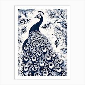 Navy Blue & White Peacock Linocut Inspired Portrait 2 Art Print