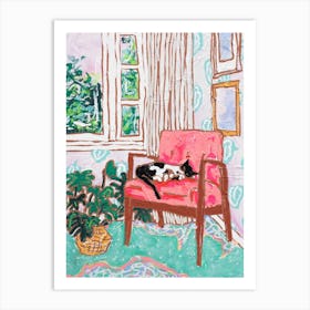 Mid Century Chair With Napping Tuxedo Cat Painting Art Print