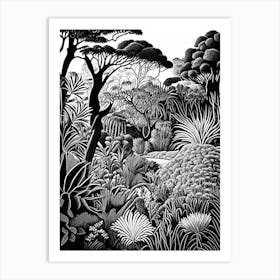 Kirstenbosch Botanical Gardens, South Africa Linocut Black And White Vintage Art Print