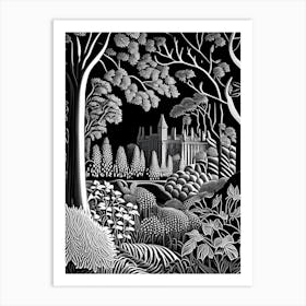 Alnwick Garden, United Kingdom Linocut Black 4 And White Vintage Art Print