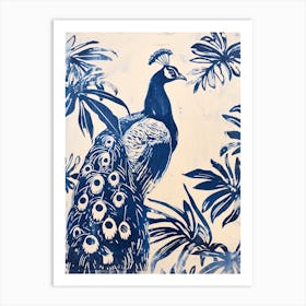 Navy Blue Inspired Peacock With Leaves 1 Art Print