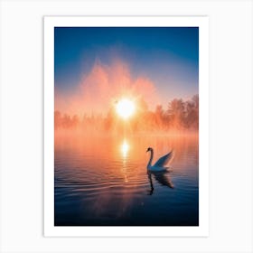 8k Photograph Capturing The Enchanting Sight Of A Swan Wings Outstretched Over A Fog Enshrouded Bl Art Print