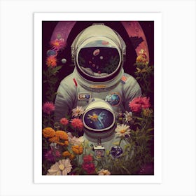 Astronaut Universe Nature Planting Flowers Cosmos Space Flowers Art Print
