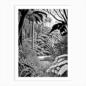 Royal Botanic Gardens, Melbourne, Australia Linocut Black And White Vintage Art Print