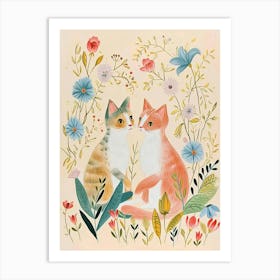 Folksy Floral Animal Drawing Cat 6 Art Print