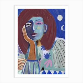Woman Portrait With Blue And Turquoise Art Print