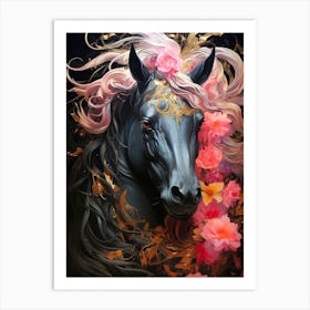 Black Horse With Flowers Art Print