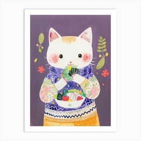 White Tan Cat Eating Salad Folk Illustration 2 Art Print