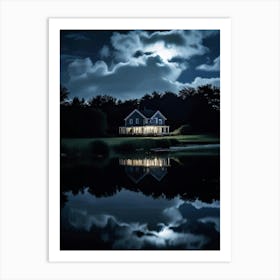 Old House Reflected In The Still Water Of A Pond Cumulus Clouds Drifting Above Mise En Scene Bathe Art Print