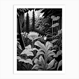 University Of British Columbia Botanical Garden, Canada Linocut Black And White Vintage Art Print