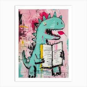Dinosaur Reading A Book Pink Blue Graffiti Brushstroke 3 Art Print