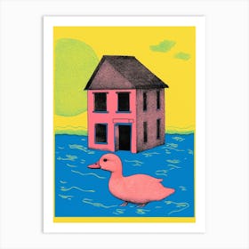 Duck Outside A House Collage Style 1 Art Print