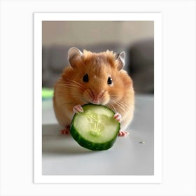 A Cute Little Hamster Is Eating Cucumber On A White Table, With A Closeup Of Its Head And Body Póster